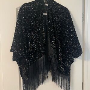 House of Harlow Black Sequin Fringe Shawl